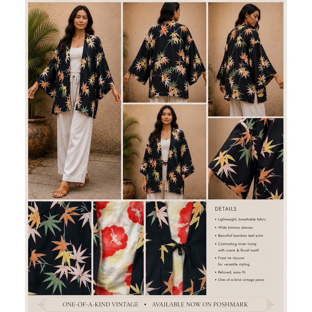 Vintage Japanese Haori Kimono Jacket Black Bamboo Leaf Crane Print Silk Blend